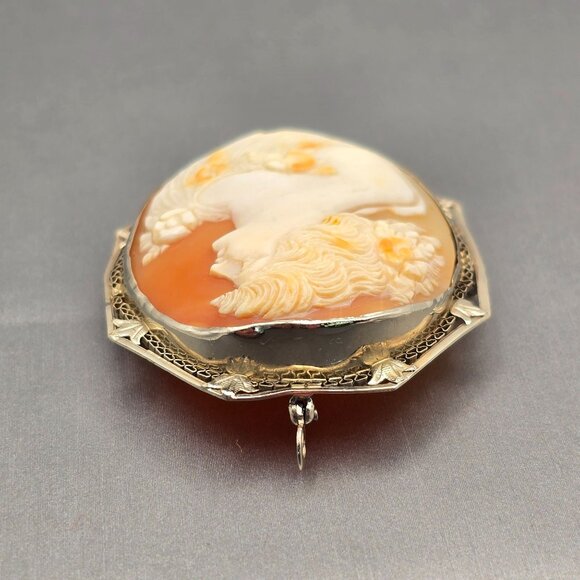 Antique 14K White Gold Cameo Brooch/Pendant 2" Filigree Frame 13.72g 44x36mm - Picture 7 of 16